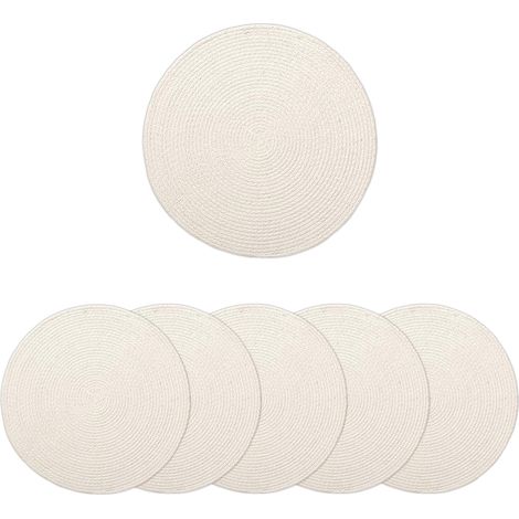 Lot de 6 Sets de Table, Coton, Diamètre 33 cm, Blanc, Design Côtelé, Pour Salle à Manger (1/5)