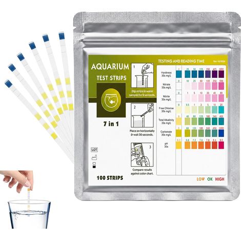 Bandelettes Test Aquarium 7 en 1, Kit Analyse Eau avec Test Nitrite Nitrate, pH, Dureté et Chlore Libre, 100 Bandelettes pour Aquarium, Piscine, Spa et Eau Domestique (1/5)