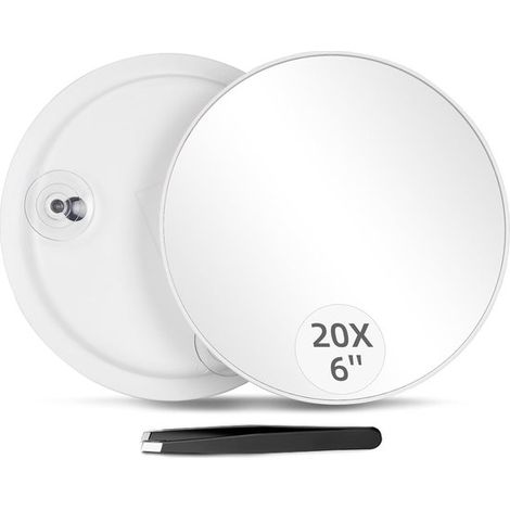 Miroir grossissant x20 – Blanc – Ventouse – ø15 cm – Pince à épiler – Voyage et institut – Maquillage (1/5)