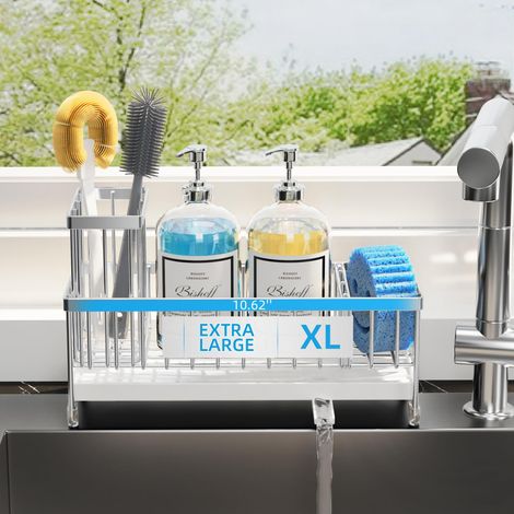 Support éponge de grande version pour évier de cuisine, évier Caddy avec support de brosse haute, organisateur d'évier de cuisine en acier inoxydable 304 antirouille