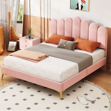 Letto matrimoniale 140x200 cm con testiera e rete a doghe, tessuto velluto morbido, rosa (1/5)
