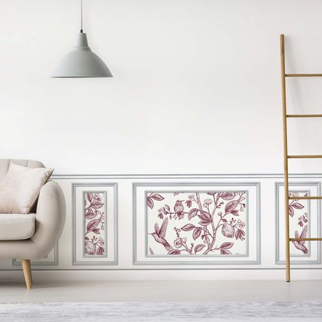 Papier peint trompe l'oeil boiserie, fleurs et oiseaux, 75x200cm. Décoration murale intérieure panoramique. (1/4)