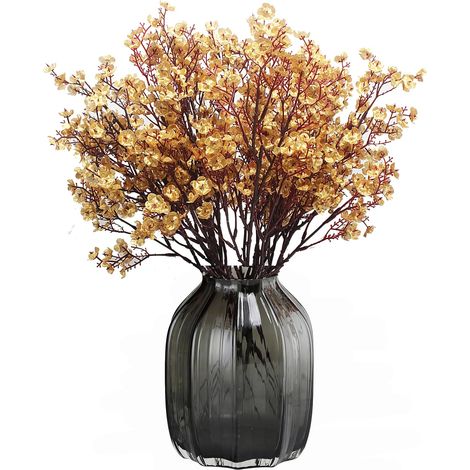Fleurs Artificielles d'haleine de bébé Fleurs Artificielles 12 Bundles Gypsophiles Européennes Fausses Plantes en Soie Décor De Fête De Mariage Décoration Bouquets Real Touch Maison Jardin (Or-12pcs)
