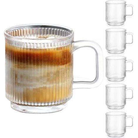 5 Premium Glass Coffee Cups with Handle,  12 oz Classic Vertical Striped Glass Coffee Cups,  Clear Tea Cup for Hot/Cold Drinks,  Glassware Set (1/5)