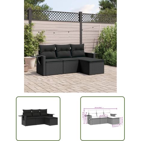 The Living Store 4-tlg. Garten-Sofagarnitur mit Kissen Schwarz Poly Rattan - Gartenmöbel - Outdoor Möbel - Rattan Gartenset - Lounge Set - Sofasitzgruppe (1/3)