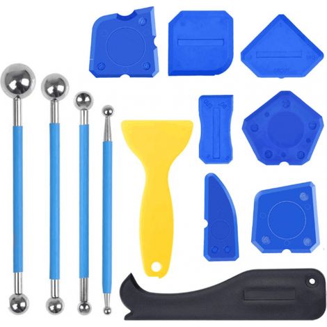 Ensemble de 13 grattoirs à coulis, 4 extracteurs de billes métalliques, 7 outils de lissage de coulis en silicone et 1 grattoir en plastique, 1 grattoir jaune pour carrelage de salle de bain