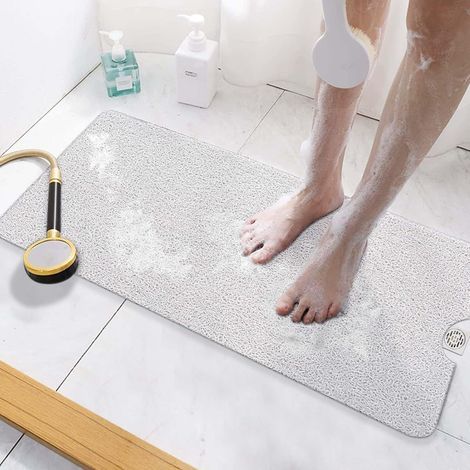 Tapis de Baignoire Antidérapant, 88 x 40cm Long Tapis de Douche Antiderapant, Loofah en PVC Souple Tapis Antidérapant Baignoire, sans Ventouse Tapis de Bain, Séchage Rapide, Blanc (1/5)