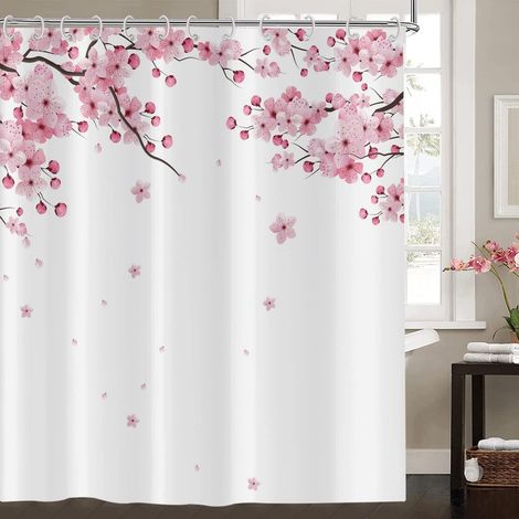 1 Rideau de douche, Motif fleurs de cerisier, Tissu polyester imperméable, 180x180 cm, Pour salle de bain (1/5)