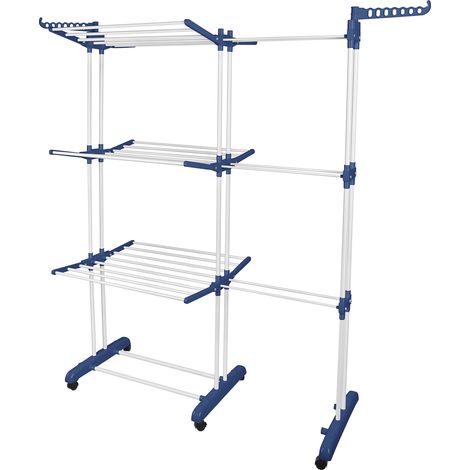 Tendedero de torre extensible con 6 alas plegables en 3 niveles, Tendedero extensible de 75 a 142 cm, Plegable, Azul + blanco (1/5)