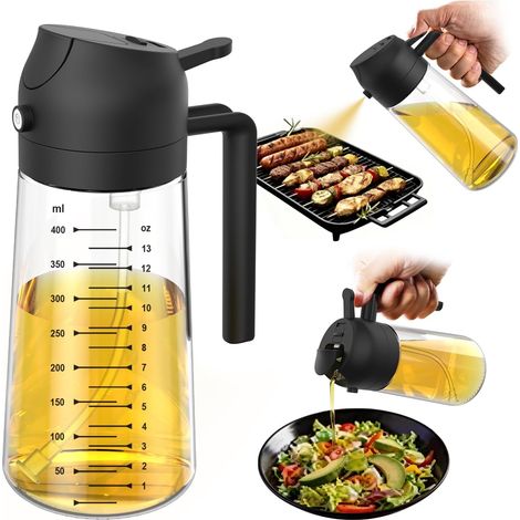 Einfacher 470-ml-Olivenöl-Sprühbehälter aus Glas – 2-in-1-Spenderflasche zum Kochen, für die Heißluftfritteuse, Salate und zum Grillen – Schwarz