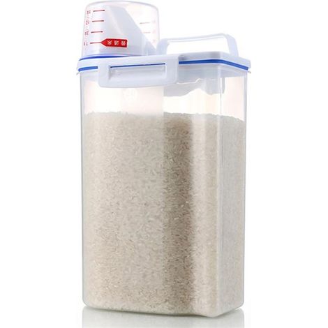 Lot de 2 bacs de stockage de riz de 2 kg, distributeur portable de céréales avec verre doseur et récipient hermétique. (1/4)