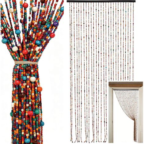 Rideau de perles en bambou, rideau bohème à 27 rangs, rideau suspendu en perles de bambou et bois, style rétro fait main, pour portes, comme décoration et protection contre les insectes