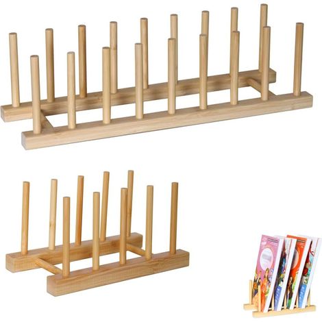 Scolapiatti in bambù da 2 pezzi, scolapiatti in bambù, portapiatti da cucina, 4 e 8 scomparti, per tazze, piatti, taglieri, CD, libri (1/5)