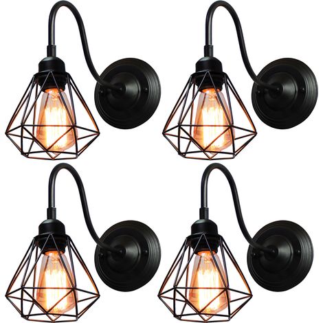 Wall Lighting Fixture, Ø16cm Mini Diamond Metal Wall Lamp, Vintage Wall Sconce for Indoor Bedroom Living Room - 4X Black