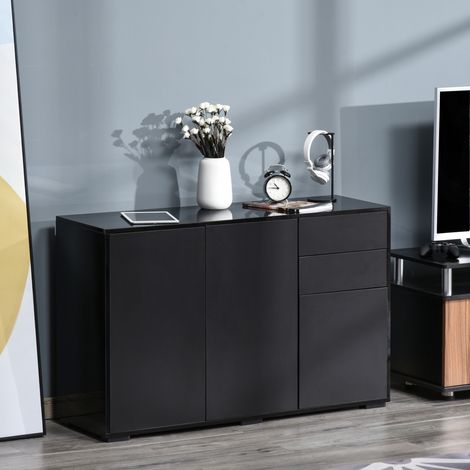 Armoire 117x36x74cm - polyvalente noire avec 2 tiroirs et 2 armoires à ouverture sous pression