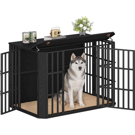 Cage pour Chien, Heavy Cage en Bois avec Porte d'alimentation Supérieure, Design Multi-Portes, Grande Table d'appoint pour Cages pour Chien, Noire