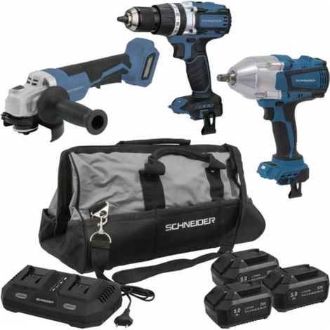 Pack 20V perceuse visseuse 65Nm-clé à chocs 1/2'' 1000/1500Nm-meuleuse d'angle 125mm-3 batteries Li-ion 5Ah (1/2)
