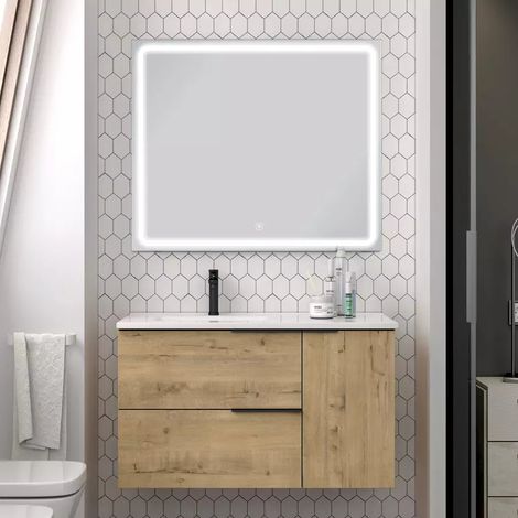 Meuble de salle de bain vasque déportée - roble (chêne clair) - KING  et miroir Led VELDI - 80cm (1/5)