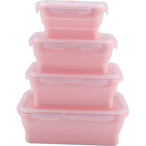 Zusammenfaltbare, pinkfarbene Silikon-Lunchbox, wiederverwendbar und mikrowellengeeignet, ideal für Essen zum Mitnehmen (1/5)