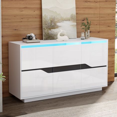 Sideboard (140 x 40 x 70 cm), mit 3 Türen, verstellbaren Trennwänden, LED, Hochglanz, Spanplatte, Weiß Schwarz (1/5)