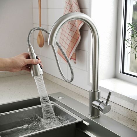 SONNI ausziehbare Edelstahl-Armatur in Silber, Hohe Elastizität, Automatische Rückstellkraft, 3 Wasserflussmodi, Auslaufsicher und korrosionsbeständig, G3/8 (1/5)