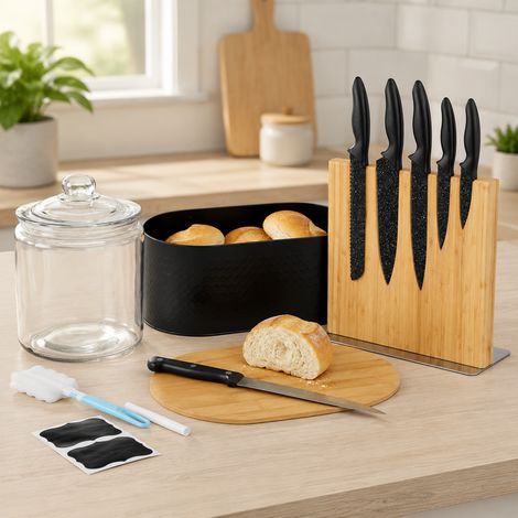 Ensemble de rangement de cuisine en bambou (3 pièces) – Boîte à pain en métal, bocal en verre hermétique et bloc à couteaux (1/5)