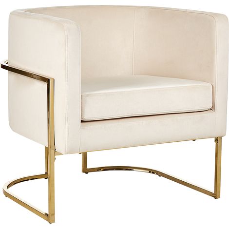Sillón moderno elegante con respaldo redondeado tapizado en terciopelo beige claro decorativo estructura dorada Sirkka (1/5)
