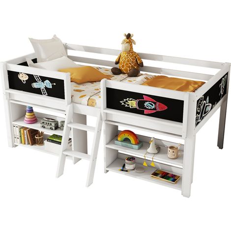 Lit mi-hauteur 90x200 cm avec étagères de rangement, échelle, tableau pour enfants, sécurité et style minimaliste en bois de pin et MDF, blanc - CHICFURN (1/5)