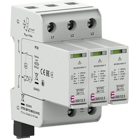 Parafoudre combiné ETI ETITEC SM T12 300/25 3+0 RC, AMD