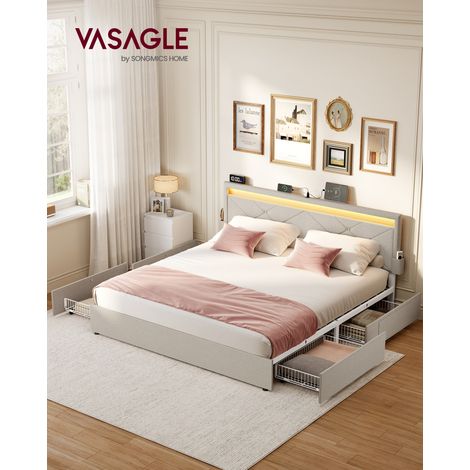 Vasagle – Lit double 160 x 200 cm avec éclairage LED – 4 tiroirs de rangement – Tête de lit rembourrée ajustable – Structure en métal beige cappuccino