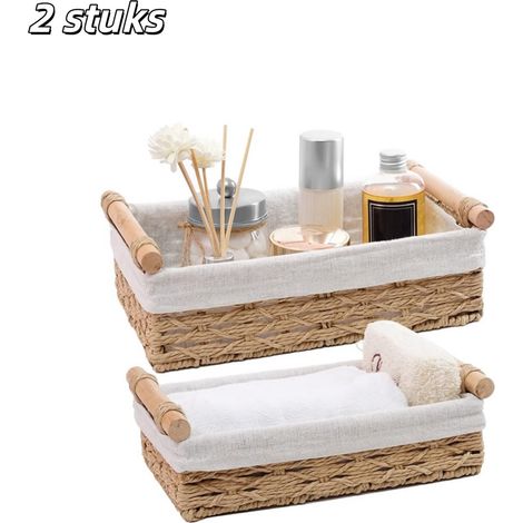 Panier de rangement en osier avec poignées bois, décoratif pour cuisine, chambre, bureau, beige, deux tailles, lot de 2 paniers (1/5)