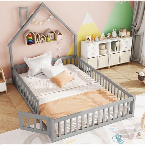 Kinderbett 140/200 cm grau aus Kiefernholz und MDF mit Schornsteinform und Sicherheitsgitter (1/5)