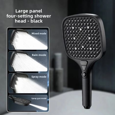 (Noir) Pommeau de douche haute pression avec 4 modes, panneau large de 15 cm, interrupteur à un bouton, convient à un usage familial.