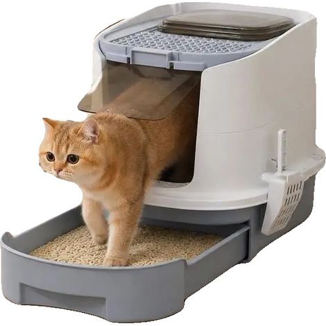 Toilettes pour chats, structure fermée, nettoyage facile, vert armée (1/2)