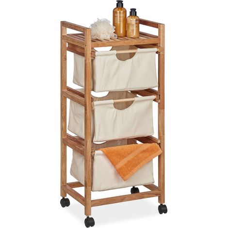 Relaxdays Badregal mit Wäschekorb, 1 offene Ablage & 3 Stoffkörbe, HBT: 96x43,5x33,5 cm, Standregal Walnuss, natur/beige