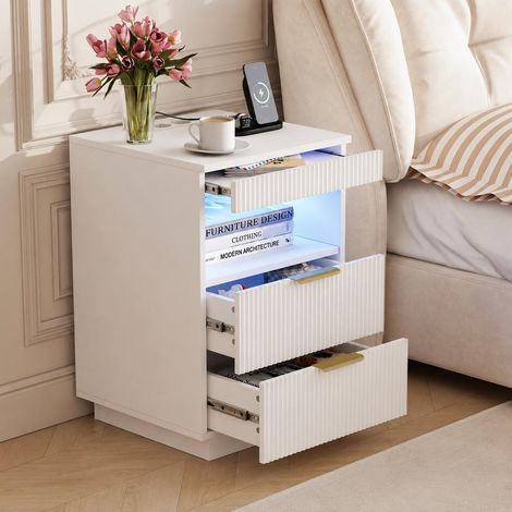 Nachttisch 40x40x60 cm mit USB-C-Ladestation und RGB-LED, Geheimfach, 2 Schubladen und offenem Ablagefach, Weiß (1/5)
