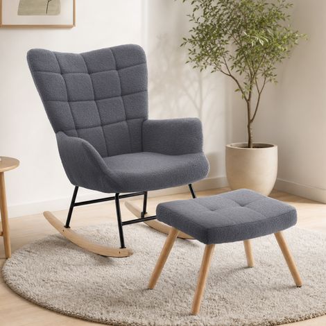 Sedia a dondolo con struttura in ferro e rivestimento nuovo, sedia con gambe in legno di caucci羅, poltrona reclinabile con poggiapiedi - grigio (1/5)