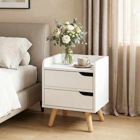 Table de chevet gain de place. Table de chevet moderne avec 2 tiroirs. Design épuré. Bois blanc. Pieds en pin. 33 x 28 x 42 cm. Blanc