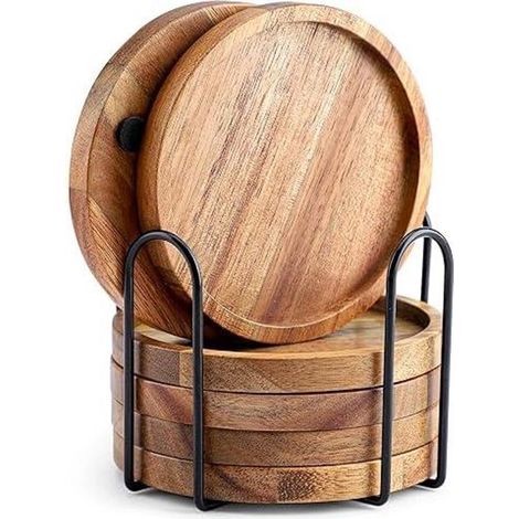 Posavasos redondos de madera, juego de 6, fabricados en madera de acacia, con base, aptos para bebidas, barras, tazas y vasos. (1/4)