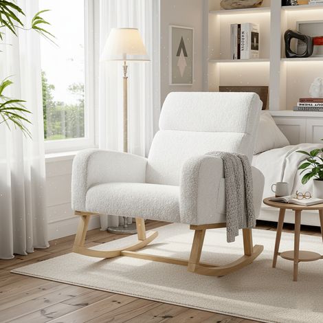 Fauteuil à bascule - avec accoudoirs dossier en peluche, coussin d'assise élargi, poches latérales, autocollants antidérapants, 78x60x87 cm - Blanc (1/5)