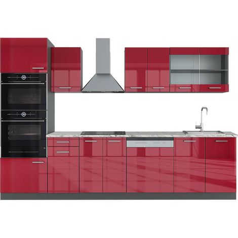 Küchenzeile R-Line, Bordeaux Hochglanz/Anthrazit, 300 cm mit Hochschrank, AP Marmor, Vicco