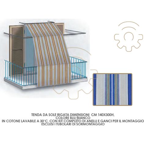 Tenda da sole rigata blu/bianco cm 140 x 300 h cotone lavabile kit anelli e ganci esterno balcone finestra terrazzo