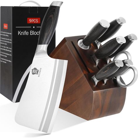 9 Pcs Knife Block Set, Kitchen Knife Set with Wooden Block, German Stainless Steel Sharp Sharp Steel with Bone Chopper (1/5)