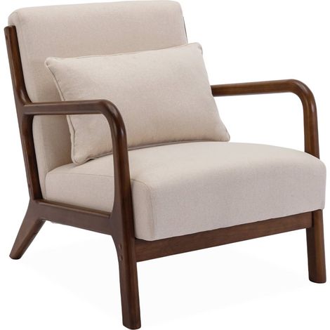Fauteuil tissu beige . pieds bois d'hévéa teinté noyer. 1 place droit fixe. pieds compas scandinave. structure en bois solide (1/5)