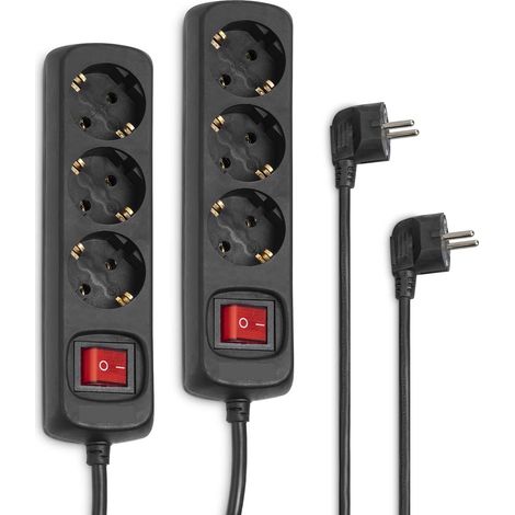 Hama Set di 2 ciabatta a 3 prese (2 prese multiple con interruttore per risparmiare energia, slot ruotati di 45 gradi, cavo 1,4 m, certificato GS), colore nero (1/5)