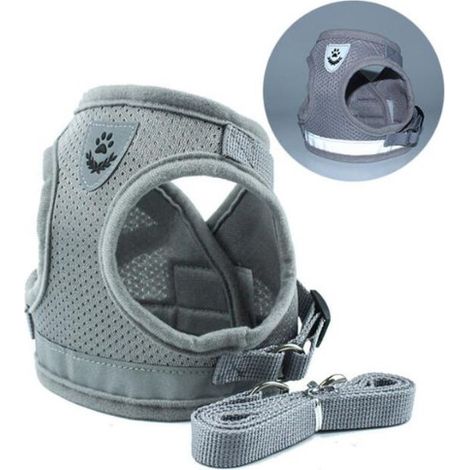 Harnais Pour Chat - Maille Respirante Double Couche - Anneau De Sécurité Avant Et Double Anneau D - Réfléchissant 360° - Taille S - Gris (1/5)