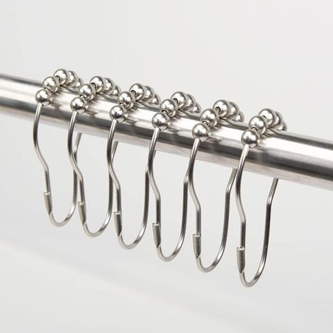 12 anillas de acero inoxidable para cortina de ducha, 75 x 37 mm, ganchos con sistema deslizante, bolas metálicas deslizantes para barras de cortina de ducha y cortinas (plateado) (1/5)