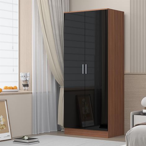 Reflect 2 Door Plain Wardrobe - Black Gloss & Walnut - Hanging Rails & Shelves - Modern Sleek Design