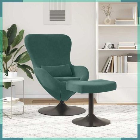 Chaise œuf avec pouf - 42002746 - Velours vert foncé - Base pivotante 360° - Pouf incurvé (1/5)