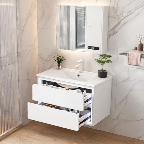 Meuble sous vasque suspendu blanc 76 x 46 cm LED en céramique MDF (1/5)